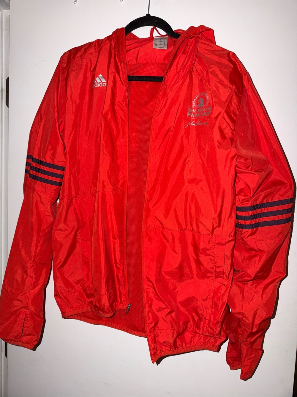 adidas Red Hooded Men’s Windbreaker with Navy Stripe Accents